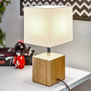Lampa nocna drewniana kostka z białym abażurem z tkaniny drewno dębowe Spot-Light 7199174 Trongo Square E27 30cm
