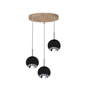 Lampa wisząca na okrągłej podsufitce z drewna dębowego i czarne metalowe klosze kulki Spot-Light 5143374R Ball Wood 3xGU10 110cm x 30cm