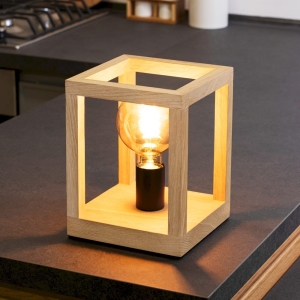 Lampa nocna drewniana mała z metalową czarną oprawką na żarówkę w sześciennej ramie Spot-Light 7154174 Kago E27 25cm