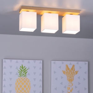 Lampa sufitowa na listwie z drewna dębowego i białe prostokątne abażury z tkaniny Spot-Light 2284374 Inger 3xE27 20cm x 55cm