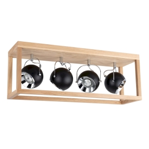 Lampa sufitowa z czarnymi reflektorami w stelażu z drewna dębowego Spot-Light 5224474L Roy 4xGU10