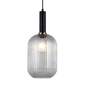 Lampa wisząca nowoczesna szklany klosz ryflowany z czarnym trzonem Italux PND-5588-1L-BK+CL Antiola 1xE27