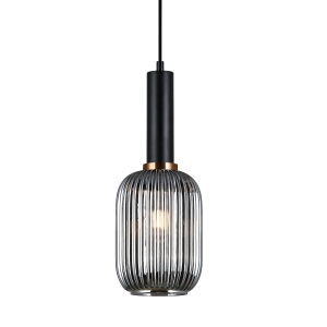 Lampa wisząca czarna szklany klosz ryflowany dekoracyjny do salonu Italux PND-5588-1M-BK+SG Antiola 1xE27