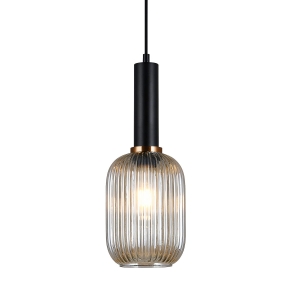 Lampa wisząca szklany klosz ryflowany dekoracyjny z czarnym trzonem Italux PND-5588-1M-BK+AMB Antiola 1xE27