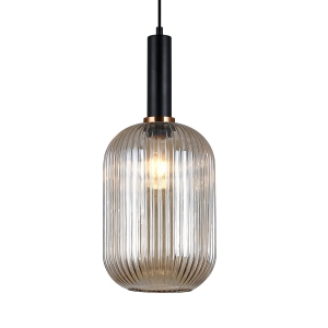 Lampa wisząca szklany klosz podłużny szkło ryflowane dekoracyjne czarno złota Italux PND-5588-1L-BK+AMB Antiola 1xE27