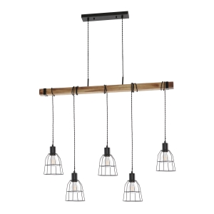 Lampa Wisząca w stylu industrialnym pozioma belka z pięcioma wiszącymi żarówkami w czarnych drucianych kloszach Italux PND-4290-5-L Ponte 5xE27
