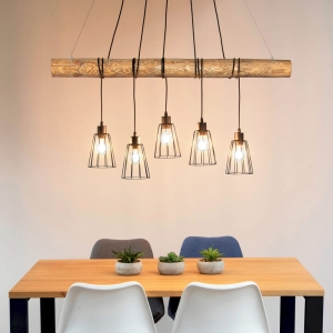 Lampa wisząca w stylu rustykalnym bejcowana belka z drewna sosnowego i metalowe kratkowane klosze Spot-Light 69204504 Trabo Long 5xE27 150cm x 115cm