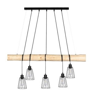 Lampa wisząca w stylu rustykalnym belka z drewna sosnowego i metalowe kratkowane klosze Spot-Light 69214504 Trabo Long 5xE27 150cm x 115cm