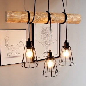Lampa wisząca na drewnianej belce z czarnymi metalowymi kloszami w stylu industrialnym drewno sosnowe bejcowane Spot-Light 68204304 Trabo Short 3xE27 150cm x 70cm