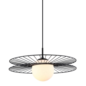 Lampa wisząca nowoczesna czarna metalowa dwa okręgi dookoła szklanej białej kuli Italux MDM-4002/1 BK 1xE27 45cm