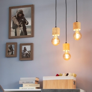 Lampa wisząca na okrągłej czarnej podsufitce z oprawkami z drewna sosnowego Spot-Light 7161350R Pino 3xE27 100cm x 30cm