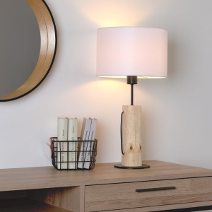 Lampa nocna stołowa drewniana podstawa z metalowym czarnym stelażem i białym tkaninowym abażurem drewno sosnowe Spot-Light 77626904 Pino E27 54cm