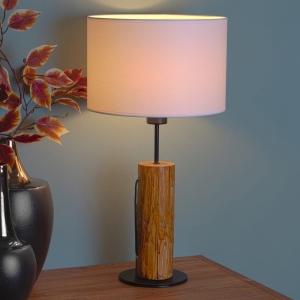 Lampa nocna stołowa drewniana podstawa z czarnym metalowym stelażem i białym tkaninowym abażurem drewno sosnowe bejcowane Spot-Light 77627904 Pino E27 54cm