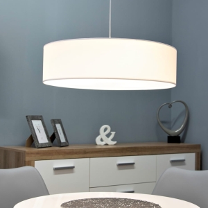 Lampa wisząca do jadalni biała cylindryczny abażur z tkaniny i satynowa podsufitka Spot-Light 57650127 Josefina 3xE27 110cm x 50cm