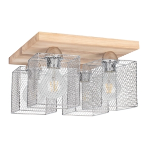 Lampa sufitowa plafon kwadratowy z drewna dębowego z metalowymi kloszami w siatkę Spot-Light 8175474 Norman Wood 4xE27 21cm x 34cm