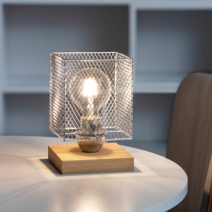 Lampa nocna industrialna drewniana podstawa metalowy abażur srebrna siatka kratka na żarówkę dekoracyjną Spot-Light 9175974 Norman Wood E27 13x19cm