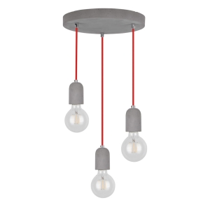Lampa wisząca betonowa okrągła podsufitka i czerwone przewody z betonowymi oprawkami Spot-Light 9776336R Amory 3xE27 100cm x 32cm