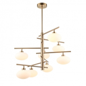 Mosiężna piętrowa lampa wisząca z białymi kloszami nad stół Italux MDM3661-8 BRO+W Fiorenzo 8xG9 60cm x 82cm