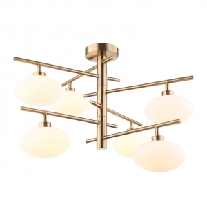 Mosiężna lampa wisząca z białymi kloszami na ramionach Italux MXM3661-6 BRO+W Fiorenzo 6xG9 60cm x 42cm