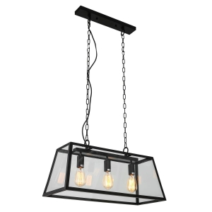 Lampa wisząca loftowa trzy żarówki w szklanej przezroczystej osłonie w kształcie trapezu czarne elementy Italux MD-102621-3-B Laverno 3xE27