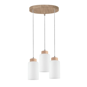Lampa wisząca z drewna dębowego na okrągłej podsufitce białe cylindryczne szklane klosze Spot-Light 1720574 Bosco 3xE27 110cm x 30cm