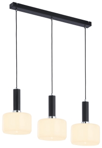 Czarna lampa wisząca z chromowanymi dodatkami i białymi kloszami na listwie Jupiter 1863 Vanes Ch 3xE27