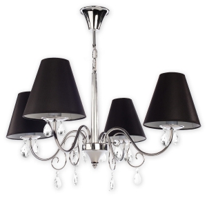 Chromowany żyrandol z kryształkami i czarno białymi abażurami z materiału Lemir O1964 CH CZA Veilo 4xE27 80cm
