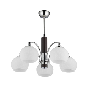 Chromowany żyrandol z dodatkiem wenge i białymi szklanymi kloszami Jupiter 1135 Largo 5xE27 58cm