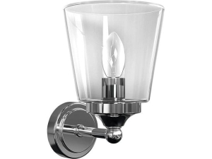 Chromowany kinkiet z szklanym kloszem do łazienki obok okrągłego lustra Nowodvorski 9353 Bali E14 IP44