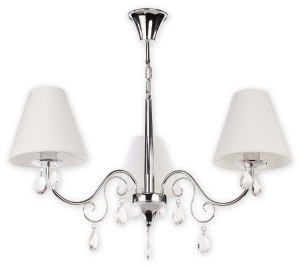 Chromowany żyrandol z białymi abażurami stożkami i kryształkami Lemir O1963 CH BIA Veilo 3xE27