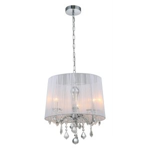 Lampa wisząca glamour abażur z białej tkaniny chromowane elementy z wiszącymi kryształkami dekoracyjny łańcuch srebrny Italux MDM-2572/3 W Cornelia 3xE14 43cm