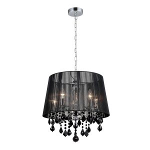 Lampa wisząca w stylu glamour czarny ażurowy abażur z przeziernej tkaniny srebrna chromowana podsufitka czarne kryształki zawieszona na dekoracyjnym łańcuchu Wisząca Italux MDM-2572/5 BK Cornelia 5xE14