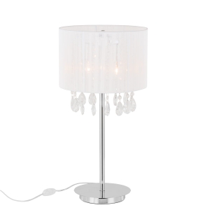 Lampa nocka biurkowa biały abażur z tkaniny wiszące kryształki chromowana podstawa włącznik na przewodzie Italux MTM9262/3P WH Essence 3xE14 
