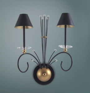 Kinkiet lampa ścienna dwa abażurki na ramionach czarno złota ze szklanymi dodatkami Italux MB8214-2A Miranda 2xG4