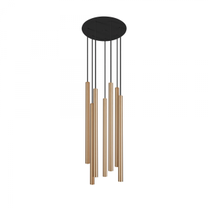 Lampa wisząca długie smukłe mosiężne walce na czarnych kablach i okrągłej rozecie Nowodvorski 8921 Laser VII 7xG9 30cm x 130cm