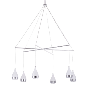 Lampa wisząca biało srebrna trzy skrzyżowane poprzeczki sześć metalowych kloszy w kształcie łez na cienkich przewodach Italux AD16024-6A CH Telesto LED 30W 3000K