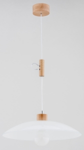 Drewniana lampa wisząca pojedyncza w stylu skandynawskim biały płaski kopułowy klosz i regulowana wysokość  Ufo Alfa 60745 E27 90cm x 47cm