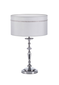 Lampa stołowa chromowana podstawa z szkłem i biało-szary okrągły abażur Jupiter 1428 Hilton E27 54cm