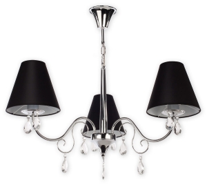 Chromowany żyrandol z czarnymi abażurami stożkami i kryształkami Lemir O1963 CH CZA Veilo 3xE27