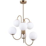 Mosiężna lampa sufitowa z białymi kloszami kulami nad stół do jadalni Italux PND-5500-6-HBR Gela 6xG9 56cm x 79cm