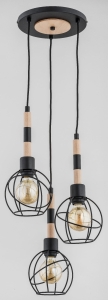 Lampa wisząca w stylu loft potrójna czarna łączona z jasnym drewnem metalowe kuliste klosze Bilbao Alfa 61029 3xE27 90cm x 24cm