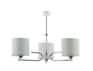 Chromowany szeroki żyrandol z białymi dodatkami i szarymi abażurami Jupiter 1404 Twingo 3xE27 72cm