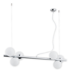 Lampa chromowana wisząca listwa z białymi szklanymi kulami Lemir O2916 W6 CH Osso 6xE14 112cm
