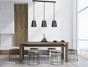 Lampa wisząca trzy metalowe abażury czarne z drewnianą wstawką Emibig 442/3 66cm czarny Bolero 3xE27