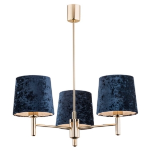 Lampa mosiężny żyrandol z trzema granatowymi abażurami z weluru Argon 1485 Ponte 3xE27