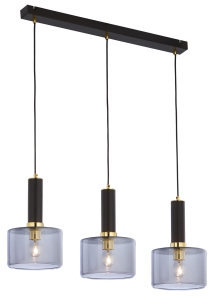 Czarna lampa wisząca z mosiężnymi dodatkami i dymnymi kloszami na listwie Jupiter 1851 Vanes Ms 3xE27